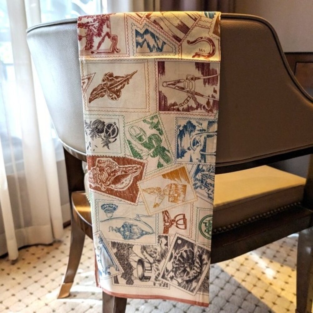 100% Mulberry Silk Scarf Stamps Print Square 35.4”x35.4” (90×90 cm)